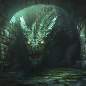 A detailed, intimidating dragon with glowing eyes and sharp scal...