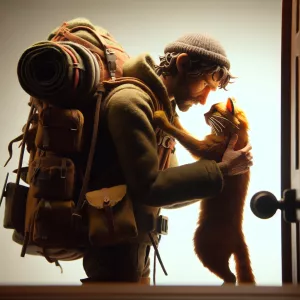 a person with a backpack wistfully hugs their cat for the last t...