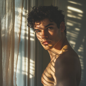 A candid photograph captures a handsome young man  confidently n...