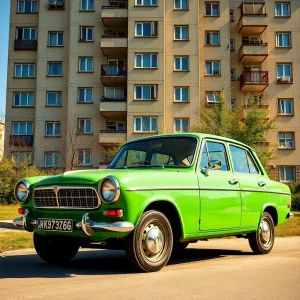 Create an image of a vintage green Lada Zhiguli car parked in fr...