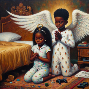 An oil painting of two African-American children with dark skin,...