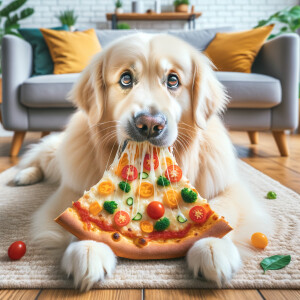Dog eating pizza