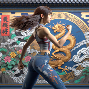 Athletic Thin skinny Attractive, Asian teenage girl, long brown hair and bangs, wearing tight skinny jeans and a halter top paint marks on her clothing, heroic pose Asian graffiti background, backside view