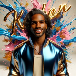 3D writing name "KAREN" bold glossy gold. There is a beautiful African-American latino woman, smiling with long black, wavy hair,, blue and gold trendy jacket and outfits in blue, pink, and gold tones, sport shoes, sitting under the name. Her outfits are glossy. dynamic color explosion background, of pink, blue, gold colors, splashed on white wall