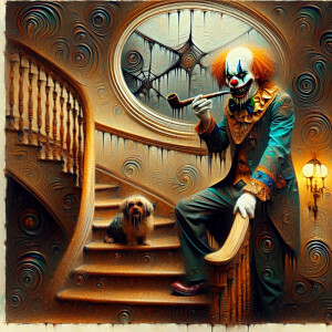Bill Carman abstract art of a scary dark clown with dripping mak...