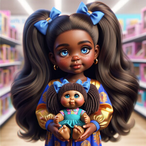 Create a 3-D image of an african-American little girl inside of a medium size, toy store. The little girl has thick long, ponytails and huge blue eyes. She has on a gold and blue jumpsuit with matching bows, She is playing with her favorite african-American cabbage patch doll, the doll has deep, dimples, and freckles and looks just like her