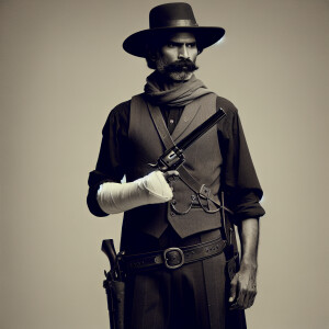 A old west gunslinger with one arm in a cast down by his side, o...