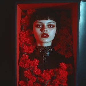 **Full-body shot of a woman with eyes in her chest, surrounded b...