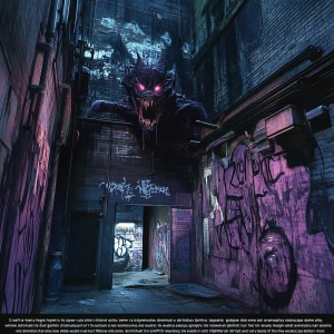 "Craft an image titled 'Gothic Graffiti NIGHTMARE,' where a hyper-realistic gothic landscape dominates a dystopian urban alley. The scene is a fusion of dramatic and surreal elements, with sprawling graffiti that twists and warps across the walls in morphing, monstrous forms—each stroke alive with a psycho horror vibe. Amidst this cinematic chaos, hyper-realistic details pull viewers into the nightmare: eyes peer from the shadows, and grotesque faces blend into the dark brick, their expressions a haunting fusion of dread and despair. Shadows deepen the drama, creating an atmosphere thick with tension and unease, embodying a world where reality melds with nightmarish imagination."