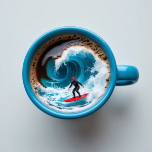 In a blue coffee cup, the coffee liquid surges to form a shape j...