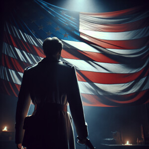 American flag as the background with an undefined individual wit...