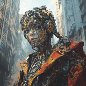 A regal but weathered cyborg queen, her metallic limbs covered i...