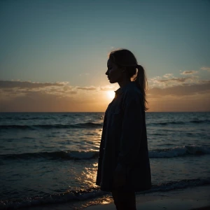 Девушка с каре спиной смотрящая на закат