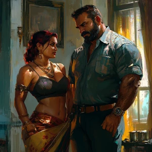 Realism art style 1:1,A muscular beefy sweaty employer  man talk...