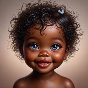 "Create a digital portrait of an adorable african-American baby girl with a joyful expression. Her big, bright blue eyes are wide with wonder, and her tiny mouth is shaped in a happy grin. Her skin has a warm, honey-brown tone, and she has an abundance of curly black hair, playfully tied up with light blue bows. The background is soft and neutral to keep the focus on her delightful features. The portrait should be vibrant and heartwarming, celebrating the innocence and charm of childhood."