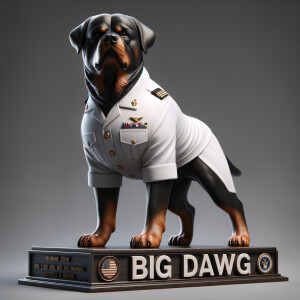 A mean Rottweiler, the Rottweiler is a US Navy officer in a white uniform, down below, spells the words BIG DAWG