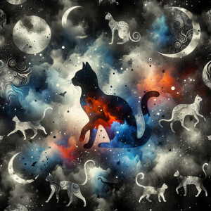 A black background with watercolor designs scattered around, sca...