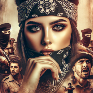 A close-up portrait of a female bandit with a seductive gaze, we...