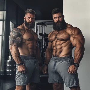 bodybuilder men stand side by side. Both have thick, full beards...