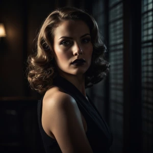 Ultra-realistic portrait of a femme fatale in classic noir style...