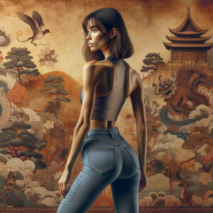 Athletic Thin skinny Attractive, Asian teenage girl, long brown hair and bangs, wearing tight skinny jeans and a halter top paint marks on her clothing, heroic pose Asian graffiti background, backside view