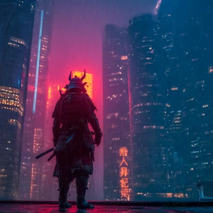 Amidst a neon-drenched cityscape, a lone samurai warrior stands...