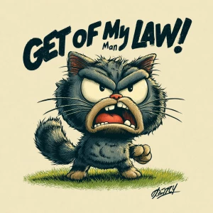 /imagine a grumpy cartoon-style cat standing on a lawn, fur fluf...