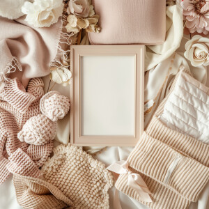 Baby announcement mockup image looking down from above with soft...