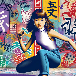 teenage girl, long brown hair and bangs, wearing tight skinny jeans and a halter top paint marks on her clothing, heroic pose Asian graffiti background, nearing on one knee