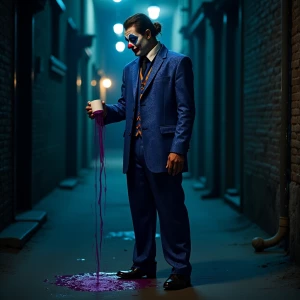 "In a dimly lit  alley, a gangster clown stands alone, draped in...