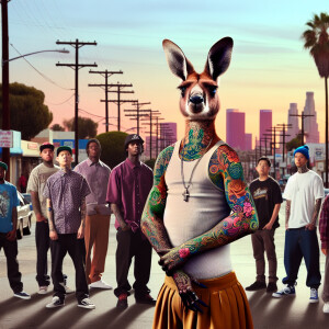 kangaroo with tattoos in street of LA with homies