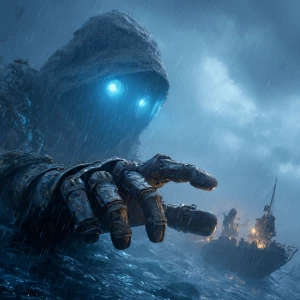 A colossal, shadowy, hooded figure with glowing blue eyes and a...