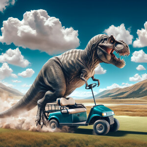 A huge Tyrannosaurus Rex is squeezzing into a small golf cart, c...