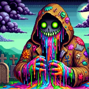 The scene features a character in a tattered, hooded outfit, rem...