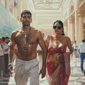 Hyperrealism.A sweaty  man walking with his mother in law with n...