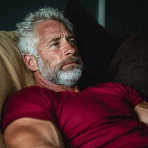 The image shows two muscular bodybuilders men lying on a couch,...