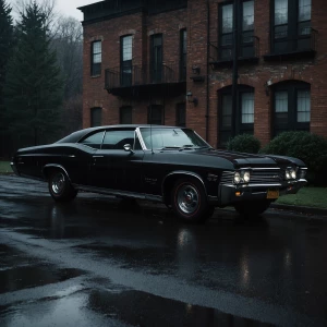1967 chevy impala all black parked on a rainy day
