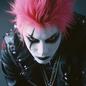 Close-up of a Japanese punk with white face paint, pink hair, an...