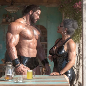 realism image ,a muscular sweaty beefy criminal son-in-law stand...