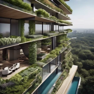 A cutting-edge residential tower with vertical gardens cascading down the sides. The terraces have clean, geometric shapes, and the entire structure is surrounded by reflecting pools, blending the lines between nature and contemporary design