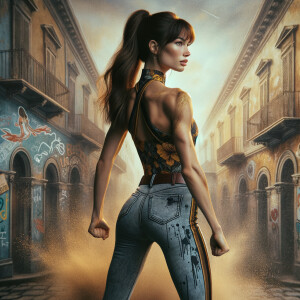 Athletic Thin skinny Attractive, Asian teenage girl, long brown hair and bangs, wearing tight skinny jeans and a halter top paint marks on her clothing, heroic pose Asian graffiti background, backside view