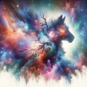 Outer space cosmic watercolor filled animal silhouette, on a bla...