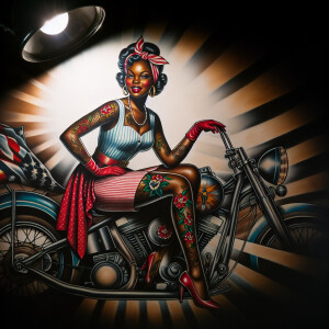 Pin up girl on a motorcycle in an old school tattoo style