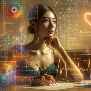 Abstract, minimalist, painting, with pencil line, paint stroke, gestures, colorful marks, mathematical equations, electrical cardiogram, printouts complex math formulas, dna asian teen girl