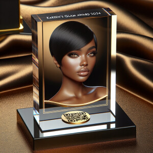 A transparent plaque, inscribed with "Karen’s Glam Award 2024,"...