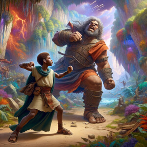 A vivid and dynamic digital painting of the biblical scene betwe...