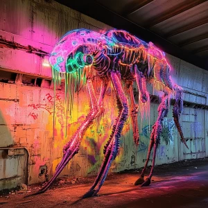 Create an image of a graffiti-style alien hybrid, adorned with neon-like dripping tentacles and luminescent fractal designs, spray-painted onto the decaying hull of a spaceship. Capture the essence of street artist 108's raw and chaotic artistic approach.