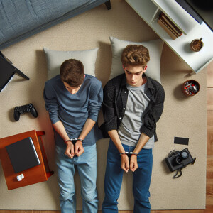 two arrested white male youth handcuffed laying face down in a l...