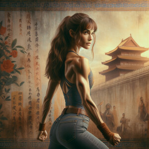 Athletic Thin skinny Attractive, Asian teenage girl, long brown hair and bangs, wearing tight skinny jeans and a halter top paint marks on her clothing, heroic pose Asian graffiti background, backside view