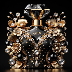 Design a fancy, black and gold bottle of perfume in the shape of a woman’s body. With a golden diamond top, flowers pearls and Diamonds in the name, Karen